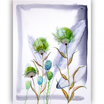 Original watercolor beauty best nature botany art modern Marta Konieczny, for gift present, for children, for women, flowers, garden, colorful, landscape, decoration for home, 40x30 cm, blue, green, gold